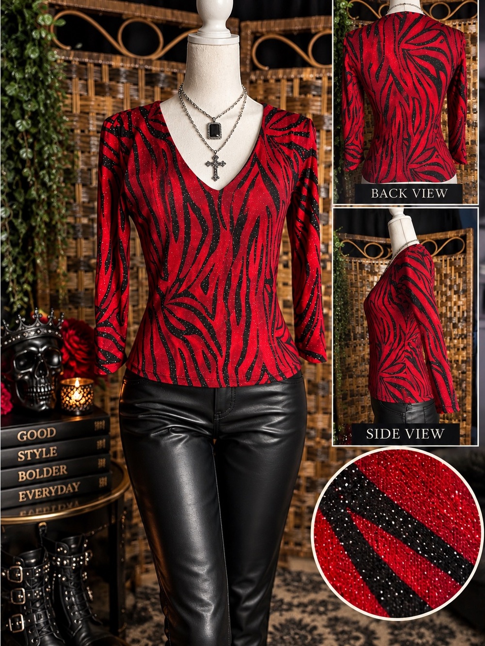 Red Zebra-Print V-Neck Long Sleeve Top with Sparkle Accents